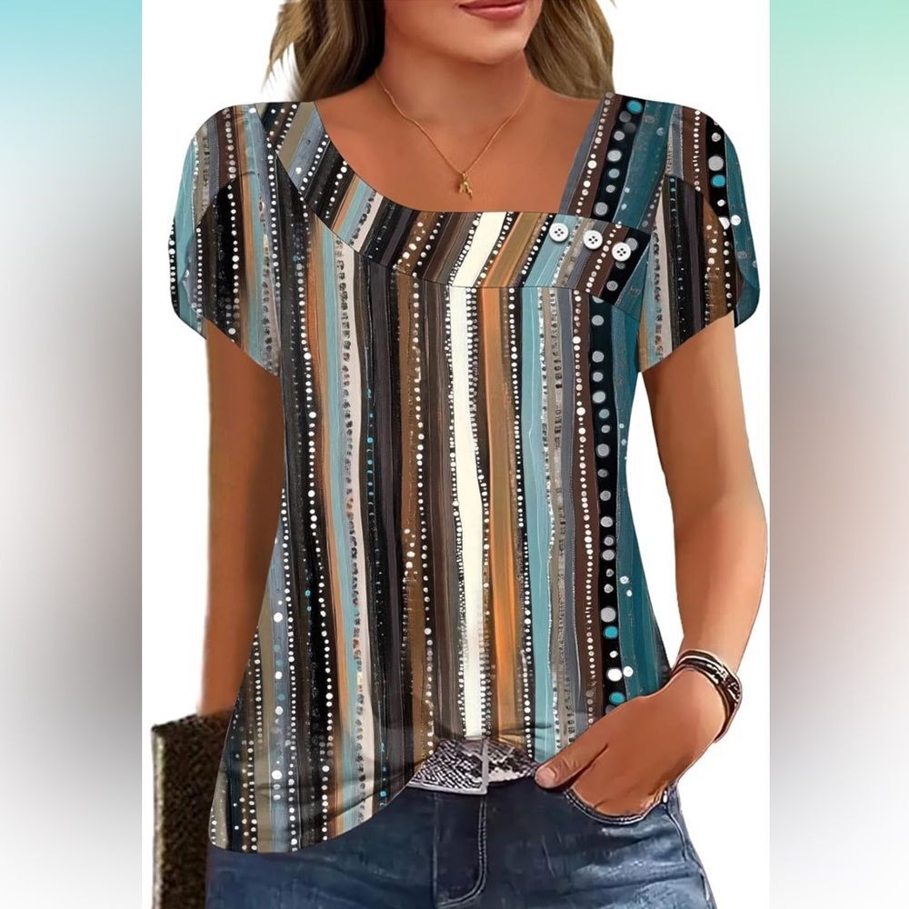 Striped Short Sleeve Tee with Button Detail - Teal & Brown